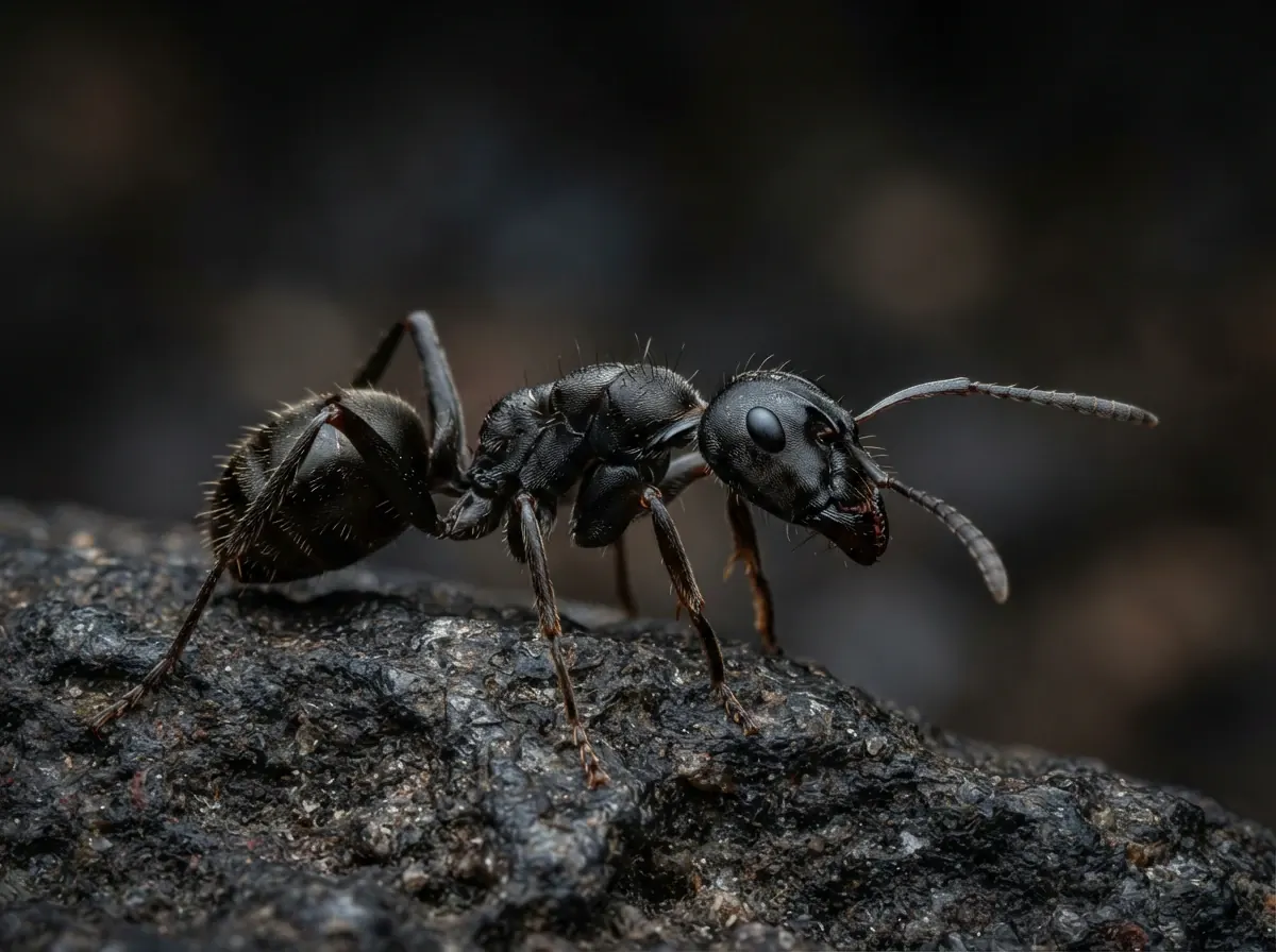 Macro profile of a large black ant with pronounced mandibles on dark rock
