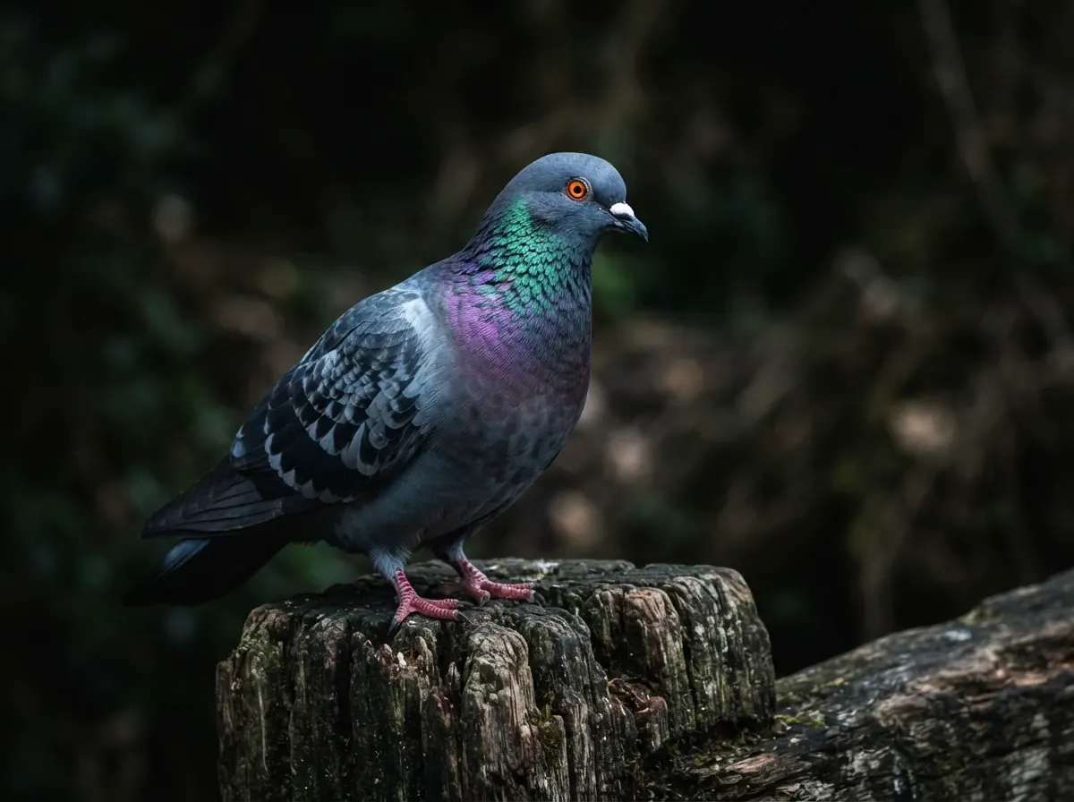 Close-up of a feral pigeon's iridescent green-purple neck plumage and orange eye