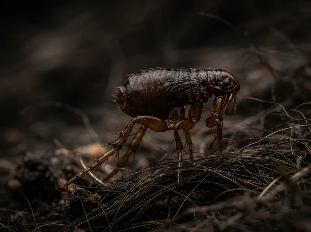 Laterally flattened flea with spiny hind legs gripping strands of pet fur