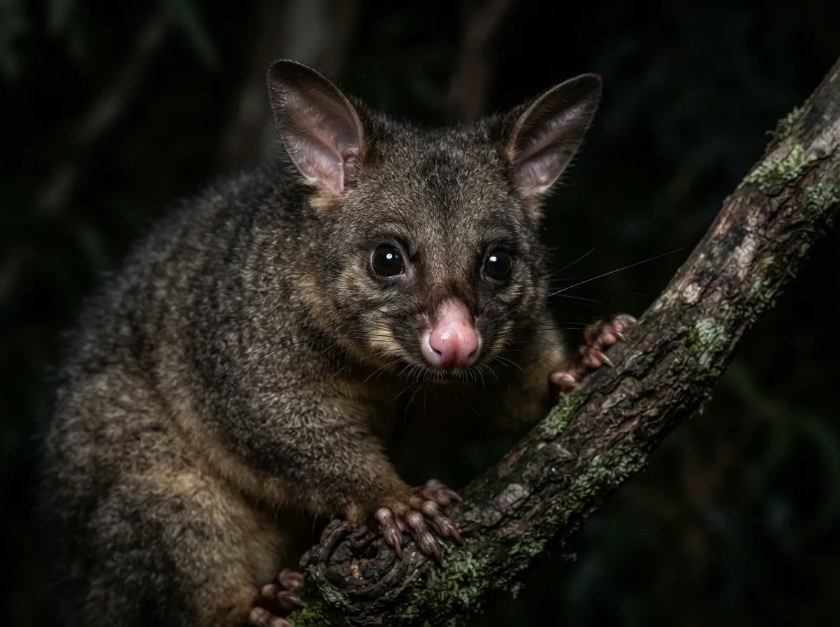 Common brushtail possum with a pink nose and large eyes gripping a tree branch at night