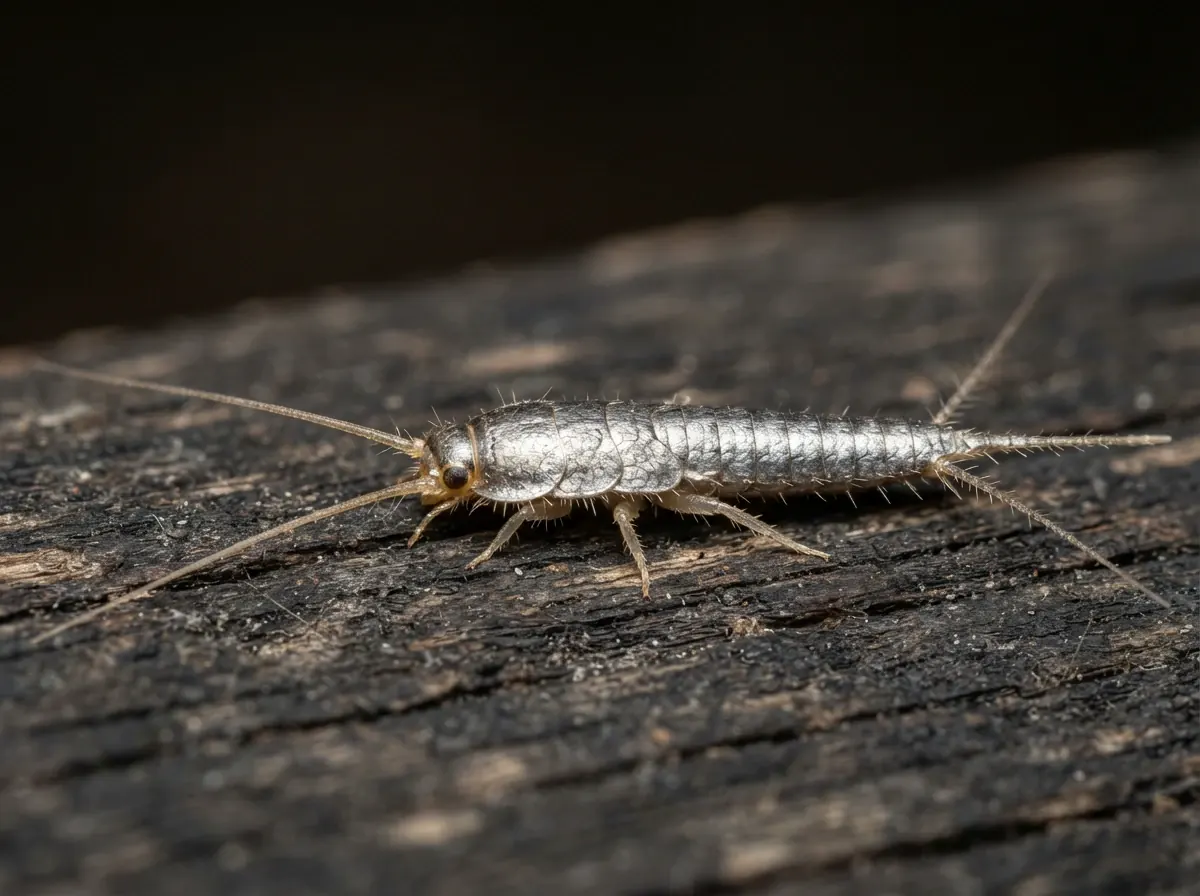 Silvery silverfish with long antennae and tail bristles on dark timber