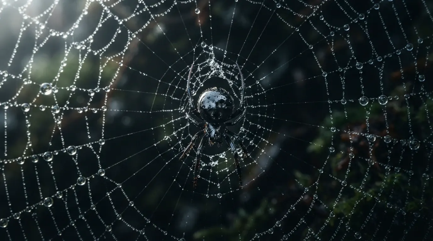 Dark orb-weaver spider at the centre of a dew-covered web, backlit in a garden