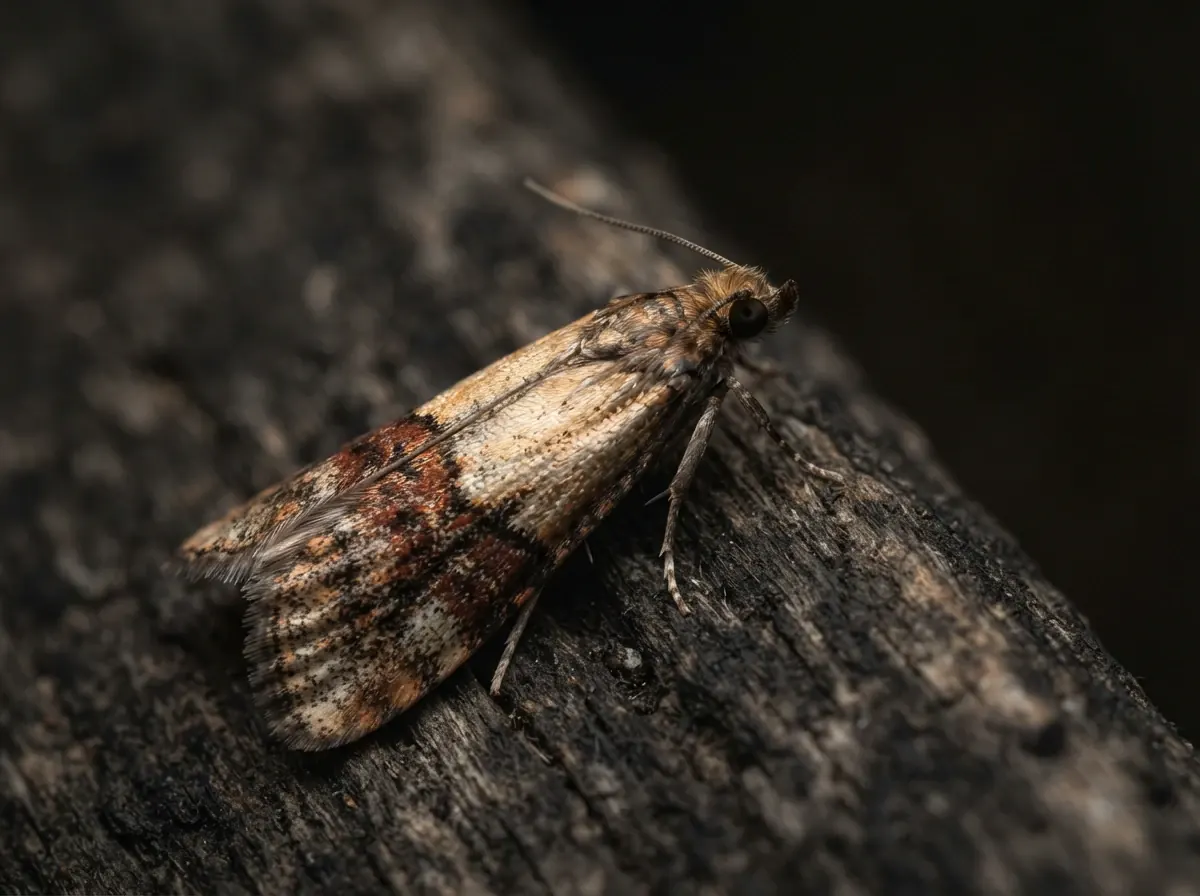 Close-up of a pantry moth with mottled copper-brown wings on timber, a common stored-product pest